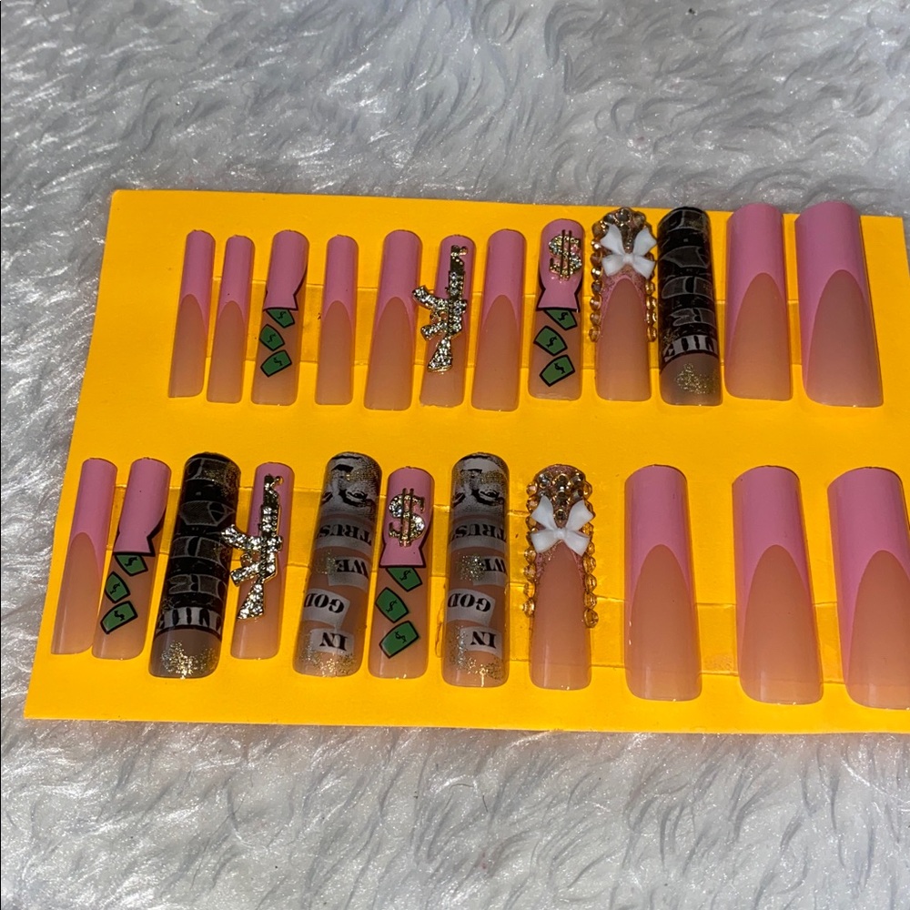 Pink and Nude Press-On Nails with Rhinestones